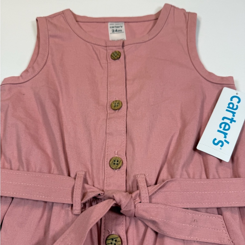 NWT CARTER’S Baby Girls Pink Button Up Belt Sleeveless Canvas Romper Size 24M - Picture 4 of 7